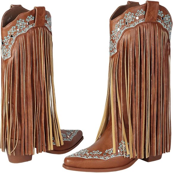 ⚡Women's Brown Snip Toe Cowgirl Mid Calf Boots With Rivets Pull On Chunky Heel - Picture 2 of 6